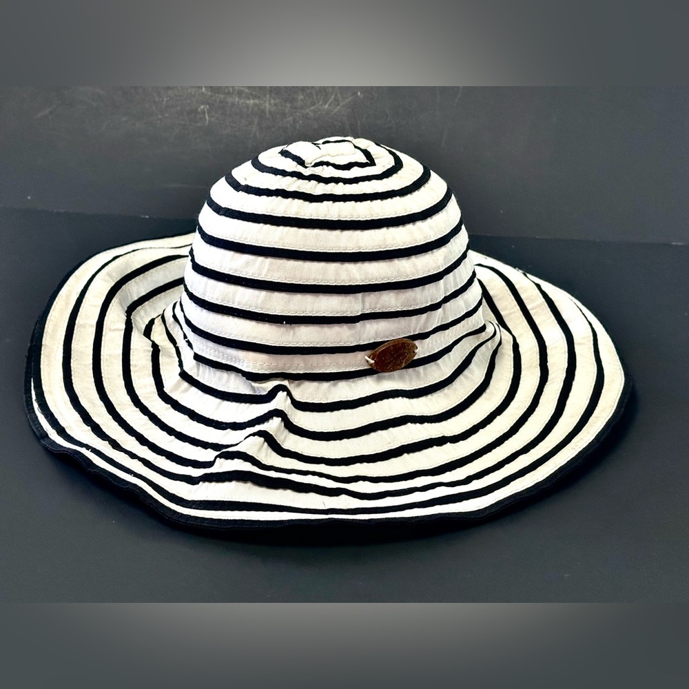 Cancer Council Sun Protective White and Black Striped Sun Brim w/ Ribbon Hat